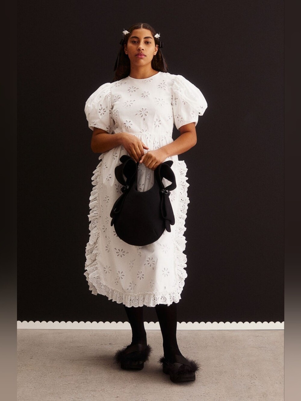 Simone Rocha x H&M white eyelet ruffle puff sleeve midi dress fits size 2
